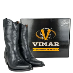 Bota Texana Feminina Vimar Bico Fino Couro Mustang Preto Com Bordado Florão Estrelas Sola Genova Ref:11260