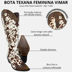 Bota Texana Feminina Vimar Bico Fino Couro Pelo Fóssil Castanho E Café Ref: 10269