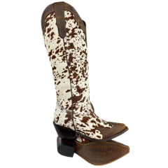 Bota Texana Feminina Vimar Bico Fino Couro Pelo Fóssil Castanho E Café Ref: 10269