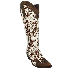 Bota Texana Feminina Vimar Bico Fino Couro Pelo Fóssil Castanho E Café Ref: 10269
