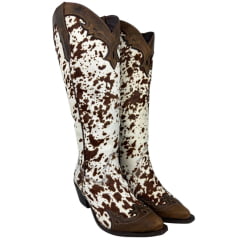 Bota Texana Feminina Vimar Bico Fino Couro Pelo Fóssil Castanho E Café Ref: 10269