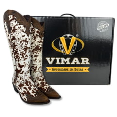 Bota Texana Feminina Vimar Bico Fino Couro Pelo Fóssil Castanho E Café Ref: 10269