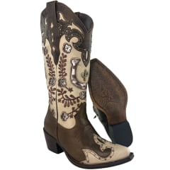 Bota Texana Feminina Vimar Bico Fino Couro Sli/Fóssil Castanho/Off White Sola Luchese REF:10301
