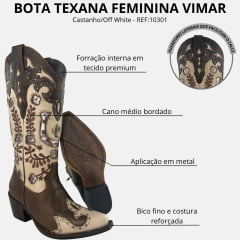 Bota Texana Feminina Vimar Bico Fino Couro Sli/Fóssil Castanho/Off White Sola Luchese REF:10301