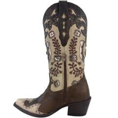 Bota Texana Feminina Vimar Bico Fino Couro Sli/Fóssil Castanho/Off White Sola Luchese REF:10301