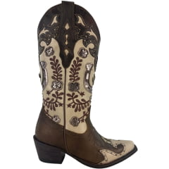 Bota Texana Feminina Vimar Bico Fino Couro Sli/Fóssil Castanho/Off White Sola Luchese REF:10301