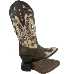Bota Texana Feminina Vimar Bico Fino Couro Sli/Fóssil Castanho/Off White Sola Luchese REF:10301