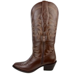Bota Texana Feminina Vimar Bico Fino Couro Travel Amarula Bordado Sola Carrara Café Ref: 10278