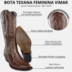 Bota Texana Feminina Vimar Bico Fino Couro Travel Amarula Bordado Sola Carrara Café Ref: 10278
