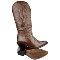 Bota Texana Feminina Vimar Bico Fino Couro Travel Amarula Bordado Sola Carrara Café Ref: 10278