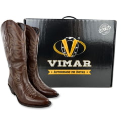 Bota Texana Feminina Vimar Bico Fino Couro Travel Amarula Bordado Sola Carrara Café Ref: 10278