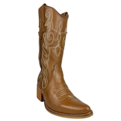 Bota Texana Feminina Vimar Bico Fino Couro Travel Caramelo Bordado Sola Toscana VO Natural Ref:10252