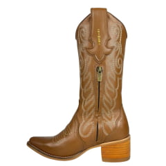 Bota Texana Feminina Vimar Bico Fino Couro Travel Caramelo Bordado Sola Toscana VO Natural Ref:10252