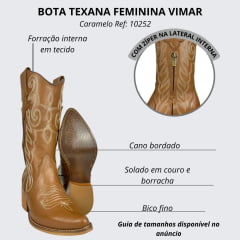 Bota Texana Feminina Vimar Bico Fino Couro Travel Caramelo Bordado Sola Toscana VO Natural Ref:10252