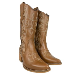 Bota Texana Feminina Vimar Bico Fino Couro Travel Caramelo Bordado Sola Toscana VO Natural Ref:10252