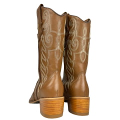 Bota Texana Feminina Vimar Bico Fino Couro Travel Caramelo Bordado Sola Toscana VO Natural Ref:10252