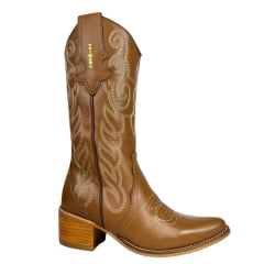 Bota Texana Feminina Vimar Bico Fino Couro Travel Caramelo Bordado Sola Toscana VO Natural Ref:10252