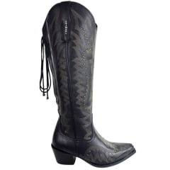 Bota Texana Feminina Vimar Bico Fino Couro Travel Preto Sola Luchese Com Cordão De Ajuste Ref:10280