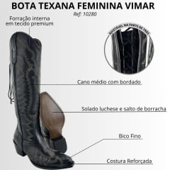 Bota Texana Feminina Vimar Bico Fino Couro Travel Preto Sola Luchese Com Cordão De Ajuste Ref:10280