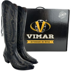 Bota Texana Feminina Vimar Bico Fino Couro Travel Preto Sola Luchese Com Cordão De Ajuste Ref:10280