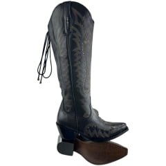 Bota Texana Feminina Vimar Bico Fino Couro Travel Preto Sola Luchese Com Cordão De Ajuste Ref:10280