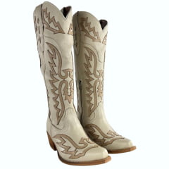 Bota Texana Feminina Vimar Bico Fino Creme Sola Luchese Salto Madeira ReF10257