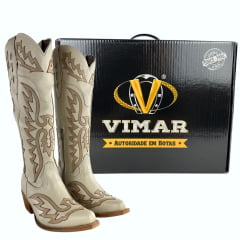 Bota Texana Feminina Vimar Bico Fino Creme Sola Luchese Salto Madeira ReF10257