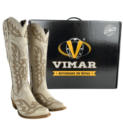 Bota Texana Feminina Vimar Bico Fino Creme Sola Luchese Salto Madeira ReF10257