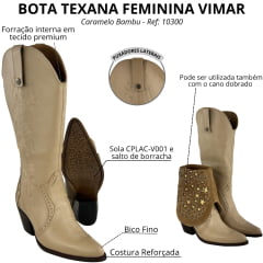 Bota Texana Feminina Vimar Bico Fino Cano Dobrável Caramelo Bambu Sola CPLAC-V001 - Ref:10300