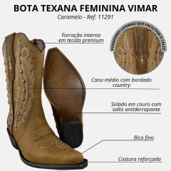 Bota Texana Feminina Vimar Bico Fino Fóssil Caramelo Carrara Rustica Ref: 11291