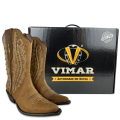 Bota Texana Feminina Vimar Bico Fino Fóssil Caramelo Carrara Rustica Ref: 11291