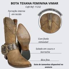 Bota Texana Feminina Vimar Bico Fino Fossil Castanho Solado Toscana Café Ref:11232
