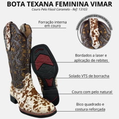 Bota Texana Feminina Vimar Bico Quadrado Cano Médio Couro Pelo Fóssil Caramelo Sola VTS Ref: 13103