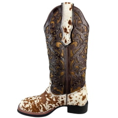 Bota Texana Feminina Vimar Bico Quadrado Cano Médio Couro Pelo Fóssil Caramelo Sola VTS Ref: 13103