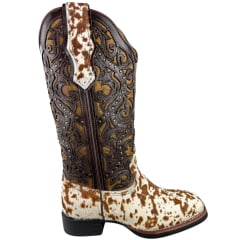 Bota Texana Feminina Vimar Bico Quadrado Cano Médio Couro Pelo Fóssil Caramelo Sola VTS Ref: 13103