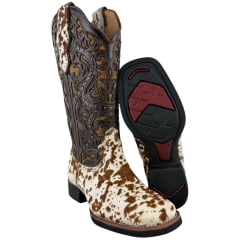 Bota Texana Feminina Vimar Bico Quadrado Cano Médio Couro Pelo Fóssil Caramelo Sola VTS Ref: 13103 Bota Texana Feminina Vimar Bico Quadrado Cano Médio Couro Pelo Fóssil Caramelo Sola VTS Ref: 13103