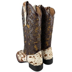 Bota Texana Feminina Vimar Bico Quadrado Cano Médio Couro Pelo Fóssil Caramelo Sola VTS Ref: 13103