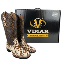 Bota Texana Feminina Vimar Bico Quadrado Cano Médio Couro Pelo Fóssil Caramelo Sola VTS Ref: 13103