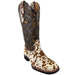 Bota Texana Feminina Vimar Bico Quadrado Cano Médio Couro Pelo Fóssil Caramelo Sola VTS Ref: 13103