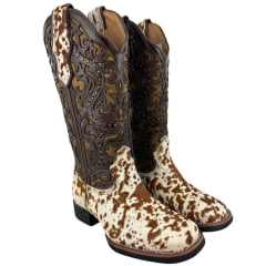 Bota Texana Feminina Vimar Bico Quadrado Cano Médio Couro Pelo Fóssil Caramelo Sola VTS Ref: 13103