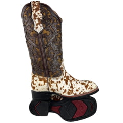 Bota Texana Feminina Vimar Bico Quadrado Cano Médio Couro Pelo Fóssil Caramelo Sola VTS Ref: 13103