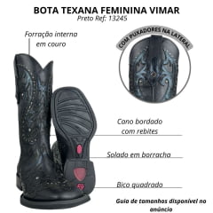 Bota Texana Feminina Vimar Bico Quadrado Couro Fóssil Metalizado Preto Bordado Com Tachinhas Prata Ref:13245