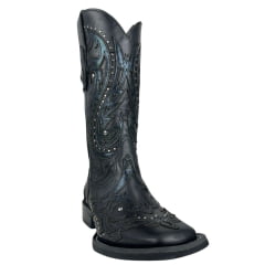Bota Texana Feminina Vimar Bico Quadrado Couro Fóssil Metalizado Preto Bordado Com Tachinhas Prata Ref:13245