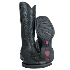 Bota Texana Feminina Vimar Bico Quadrado Couro Fóssil Metalizado Preto Bordado Com Tachinhas Prata Ref:13245 Bota Texana Feminina Vimar Bico Quadrado Couro Fóssil Metalizado Preto Bordado Com Tachinhas Prata Ref:13245