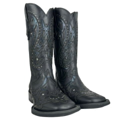 Bota Texana Feminina Vimar Bico Quadrado Couro Fóssil Metalizado Preto Bordado Com Tachinhas Prata Ref:13245