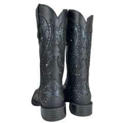 Bota Texana Feminina Vimar Bico Quadrado Couro Fóssil Metalizado Preto Bordado Com Tachinhas Prata Ref:13245