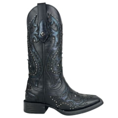 Bota Texana Feminina Vimar Bico Quadrado Couro Fóssil Metalizado Preto Bordado Com Tachinhas Prata Ref:13245