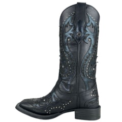 Bota Texana Feminina Vimar Bico Quadrado Couro Fóssil Metalizado Preto Bordado Com Tachinhas Prata Ref:13245