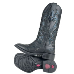 Bota Texana Feminina Vimar Bico Quadrado Couro Fóssil Metalizado Preto Bordado Com Tachinhas Prata Ref:13245