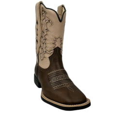 Bota Texana Feminina Vimar Bico Quadrado Couro Fóssil Vog/Bam Castanho Com Bordado Cano Bege Sola VTS-V013F2 Ref.13217